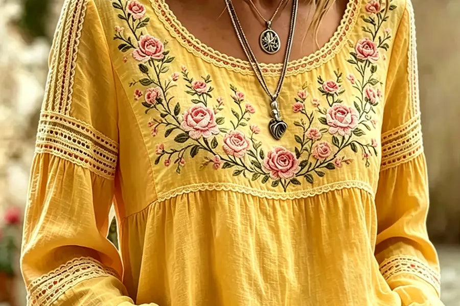 Women's Embroidered Linen Blouse | Breathable Long-Sleeve Top
