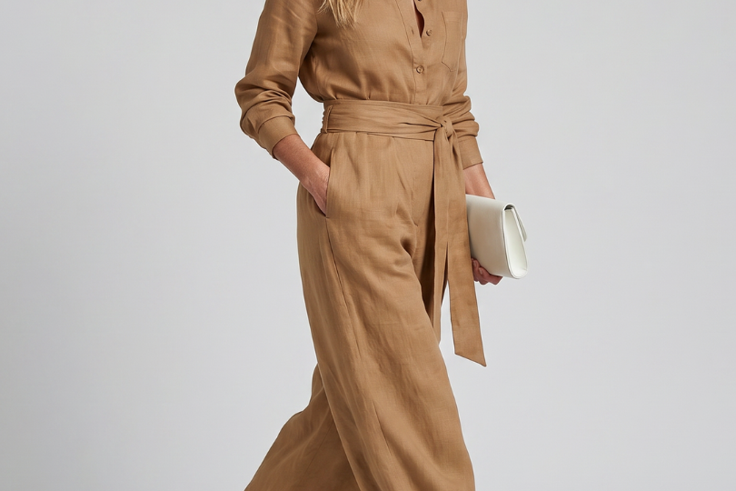 Women's Button-Front Wide-Leg Jumpsuit | Elegant Long-Sleeve Utility Jumpsuit