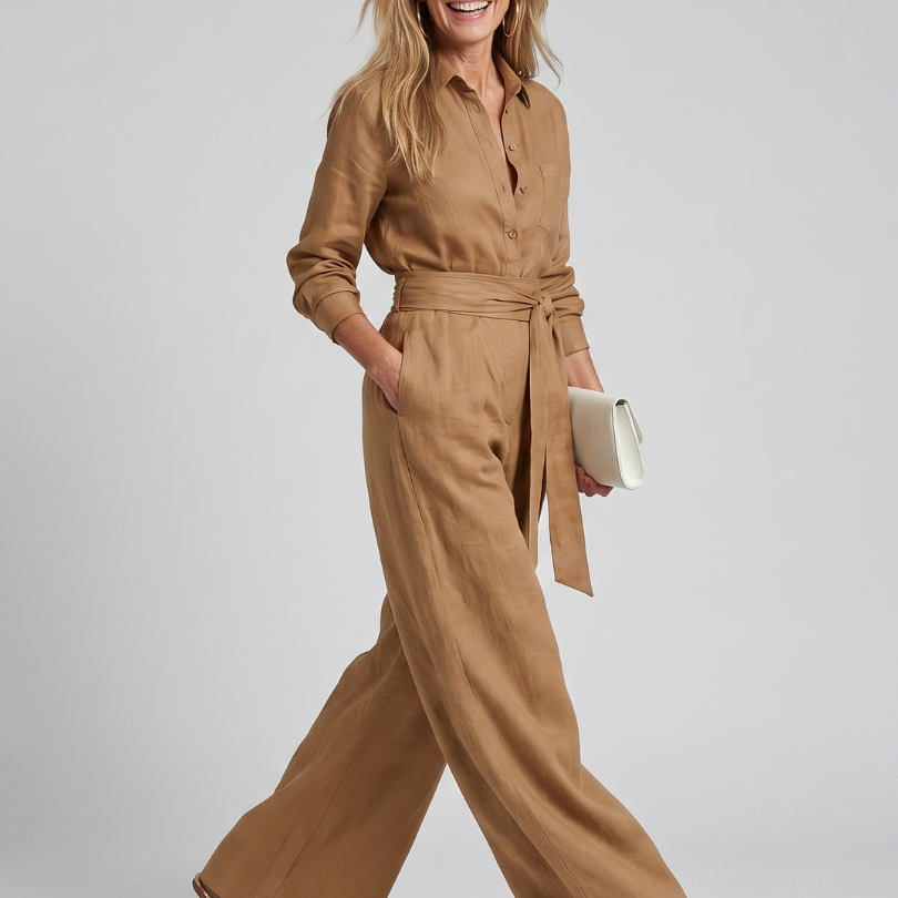 Women's Button-Front Wide-Leg Jumpsuit | Elegant Long-Sleeve Utility Jumpsuit