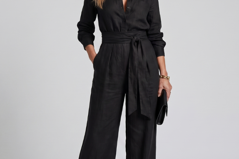 Women's Button-Front Wide-Leg Jumpsuit | Elegant Long-Sleeve Utility Jumpsuit