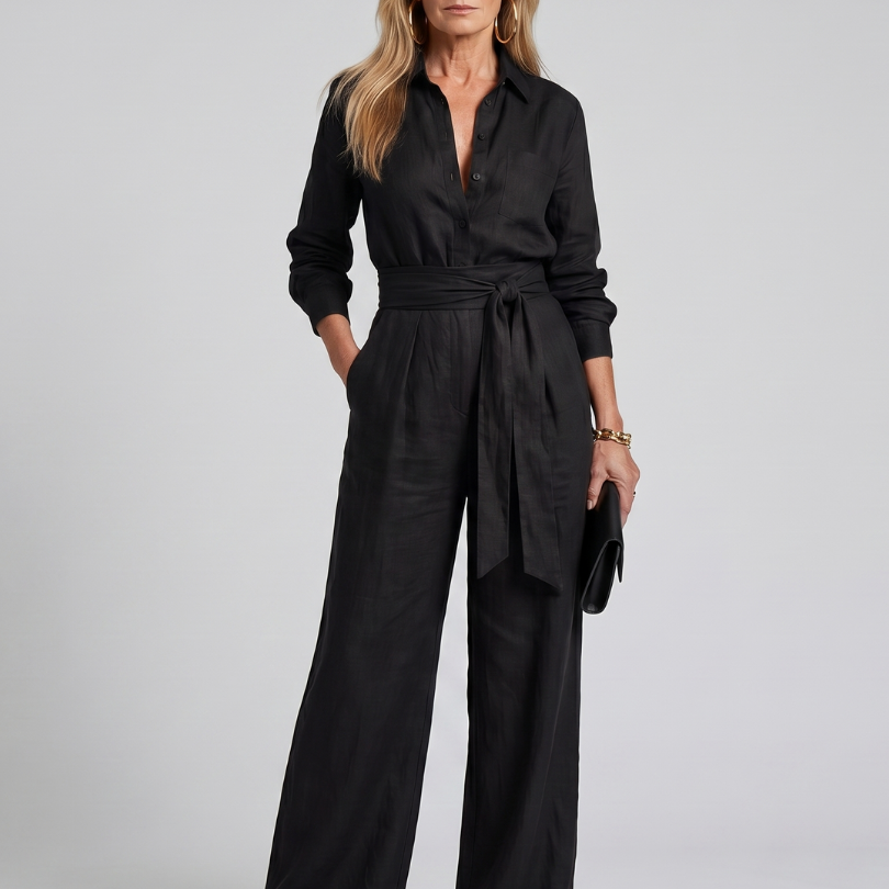 Women's Button-Front Wide-Leg Jumpsuit | Elegant Long-Sleeve Utility Jumpsuit