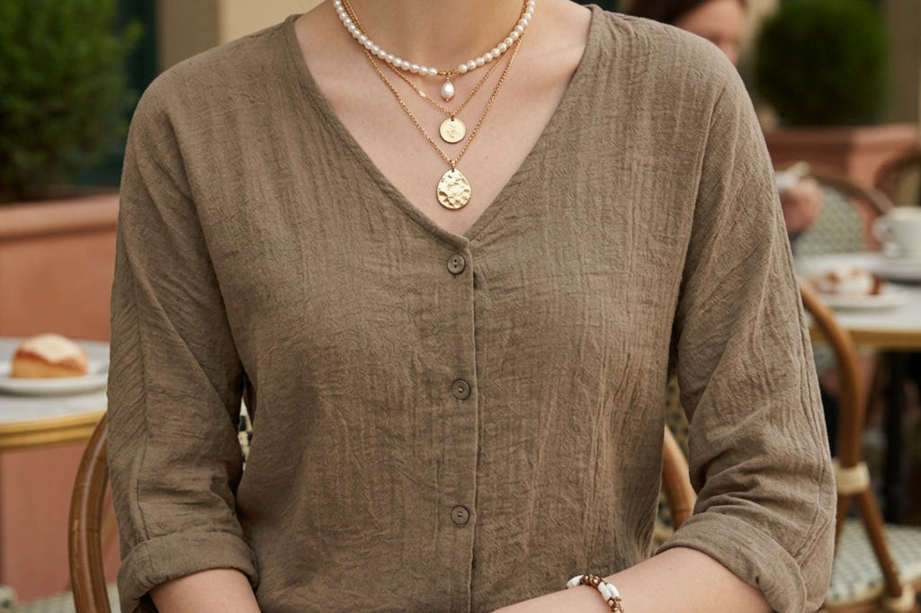 Women's Crinkle Button-Front Blouse | Elegant Draped Everyday Blouse