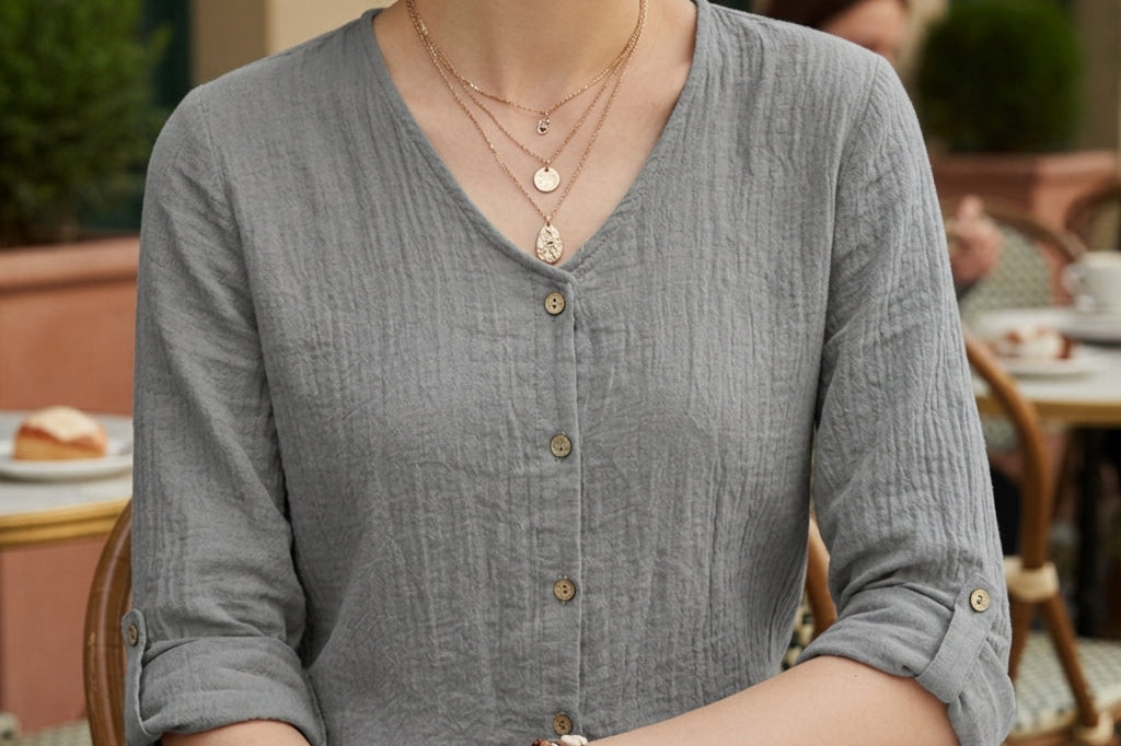 Women's Crinkle Button-Front Blouse | Elegant Draped Everyday Blouse