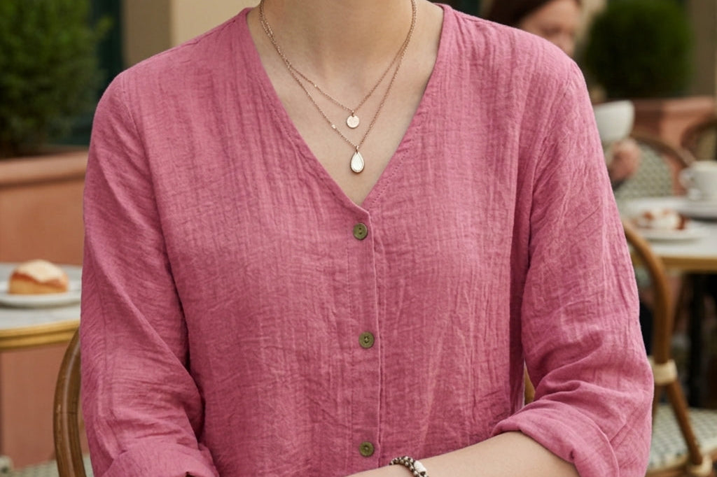 Women's Crinkle Button-Front Blouse | Elegant Draped Everyday Blouse