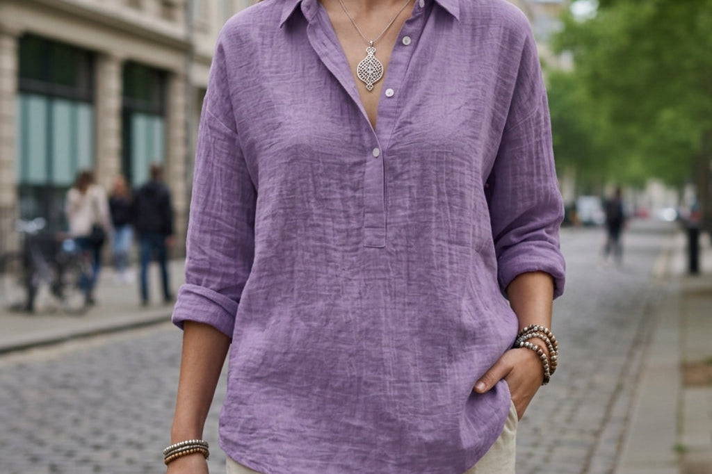 Women's Linen-Look Popover Blouse | Relaxed Elegant Button Top