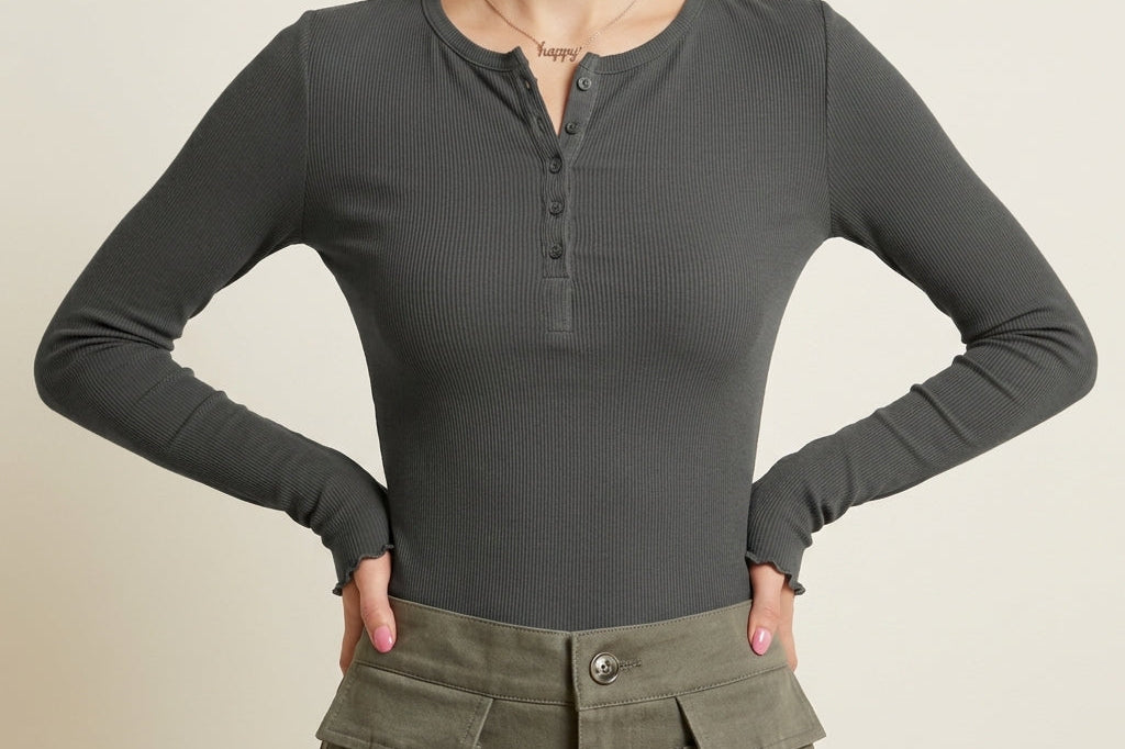 Women's Ribbed Henley Long-Sleeve Top | Soft Button-Placket Everyday Top