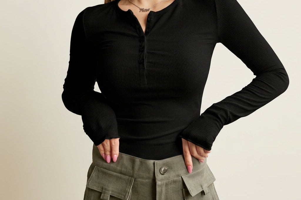 Women's Ribbed Henley Long-Sleeve Top | Soft Button-Placket Everyday Top