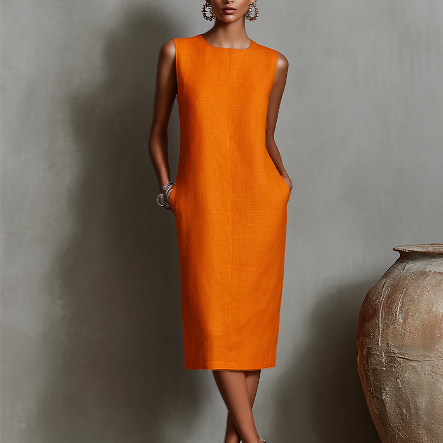 Women's Sheath Dress | Sleeveless Round-Neck Midi Dress with Pockets