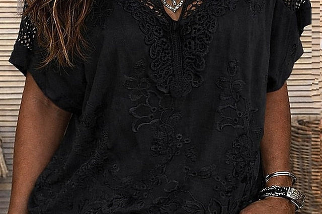 Women's Crochet-Trim V-Neck Blouse | Relaxed Short-Sleeve Summer Blouse