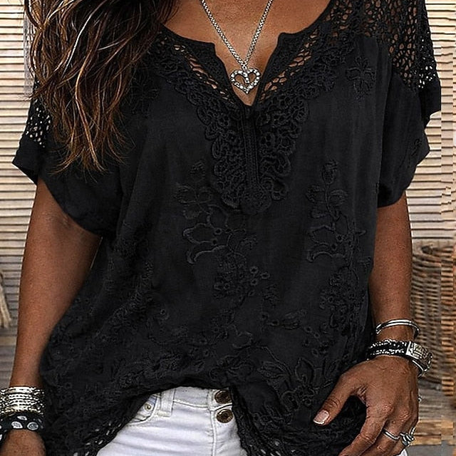 Women's Crochet-Trim V-Neck Blouse | Relaxed Short-Sleeve Summer Blouse
