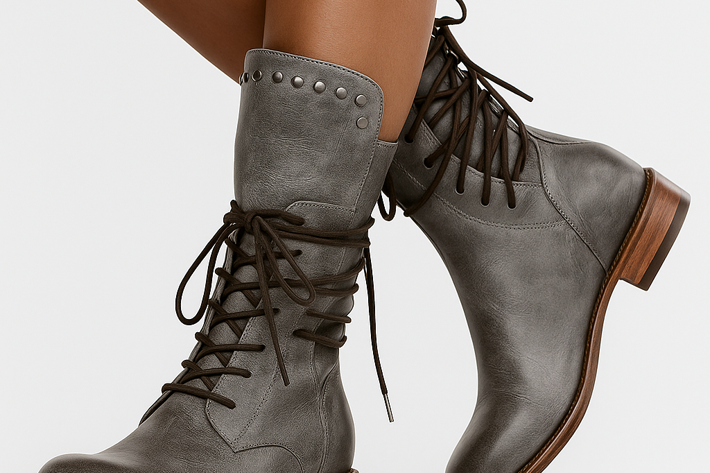 Women's Studded Lace-Up Mid-Calf Boots | Edgy Rugged Boots