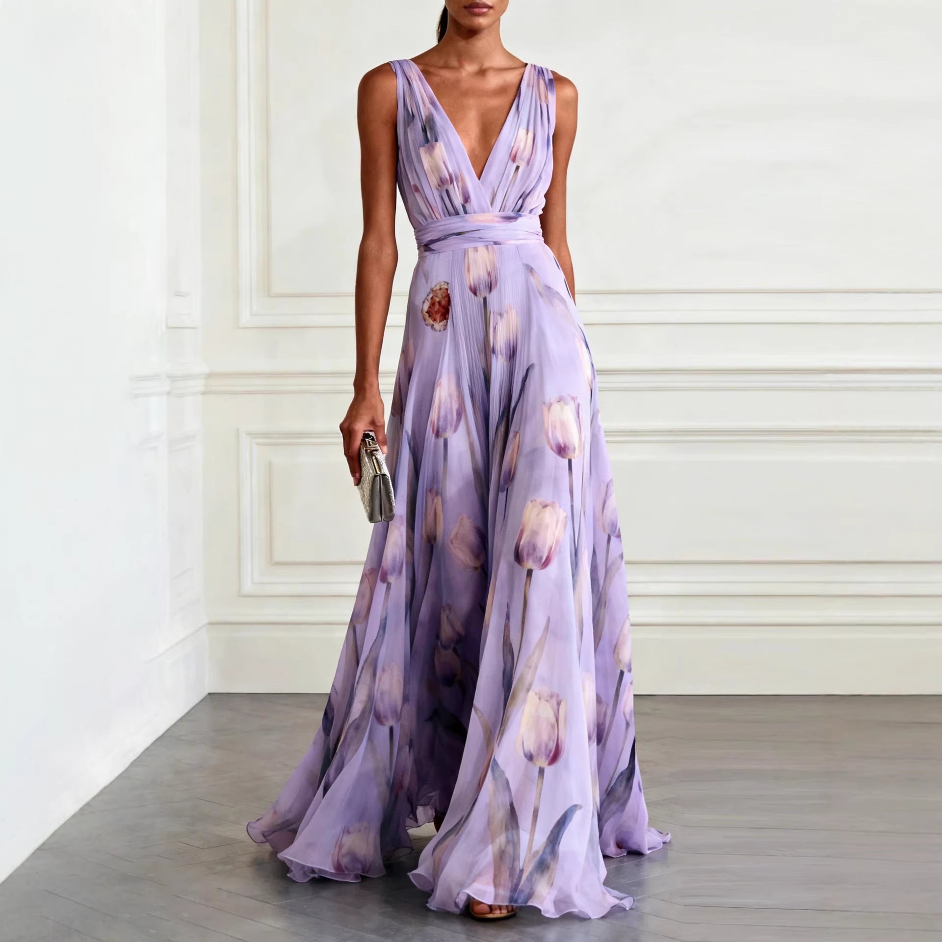 Tulip Print Wrap Maxi Dress - Purple