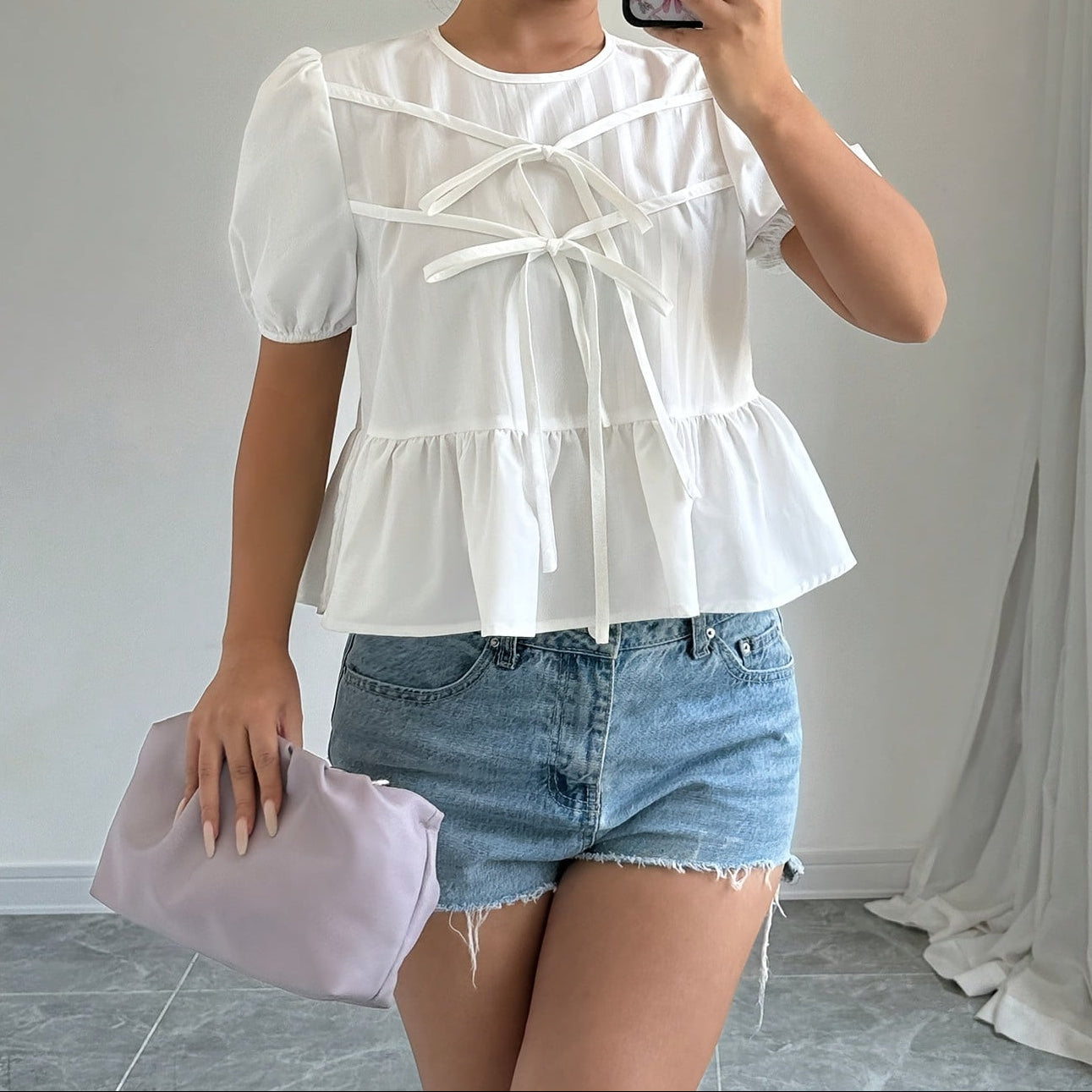 Puff Sleeve Peplum Bow Blouse