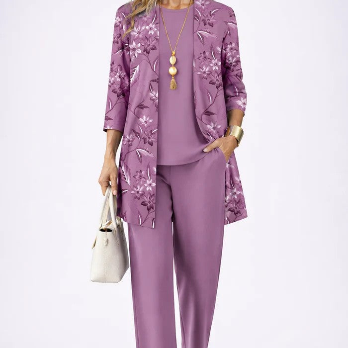 Women's Printed 3-Piece Lounge Set | Relaxed Cardigan, Top & Trouser Set