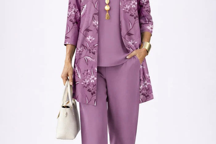 Women's Botanical Print 3-Piece Set | Cardigan, Top & Trouser Set