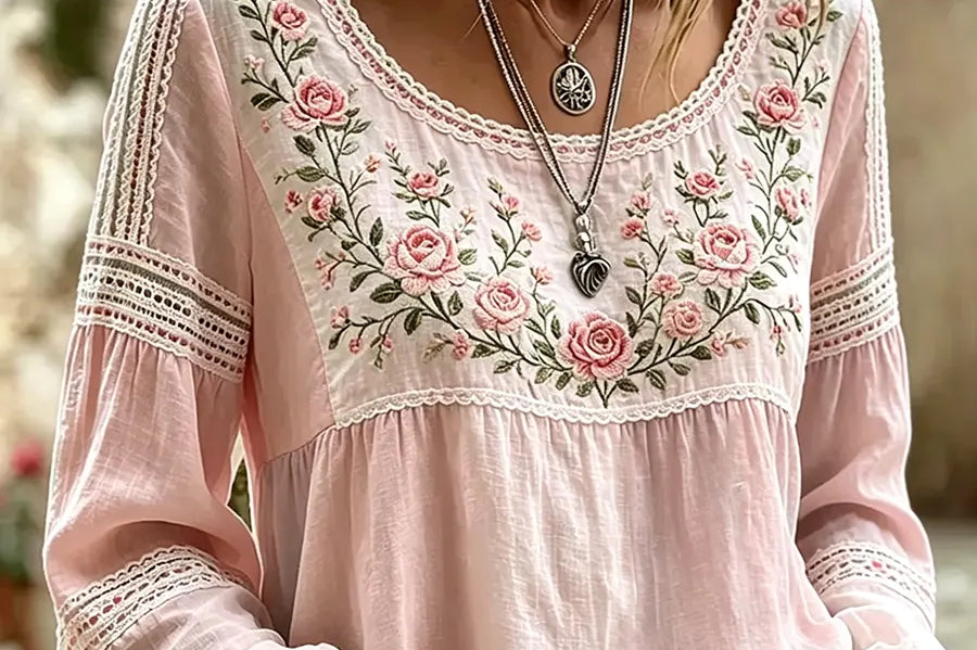 Women's Embroidered Linen Blouse | Breathable Long-Sleeve Top