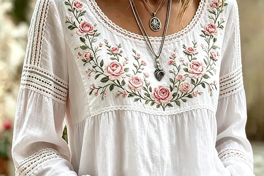 Women's Embroidered Linen Blouse | Breathable Long-Sleeve Top