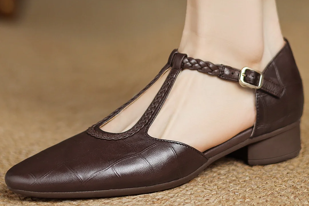 Women's Leather T-Strap Mary Jane Flats | Pointed Toe Ballet Flats