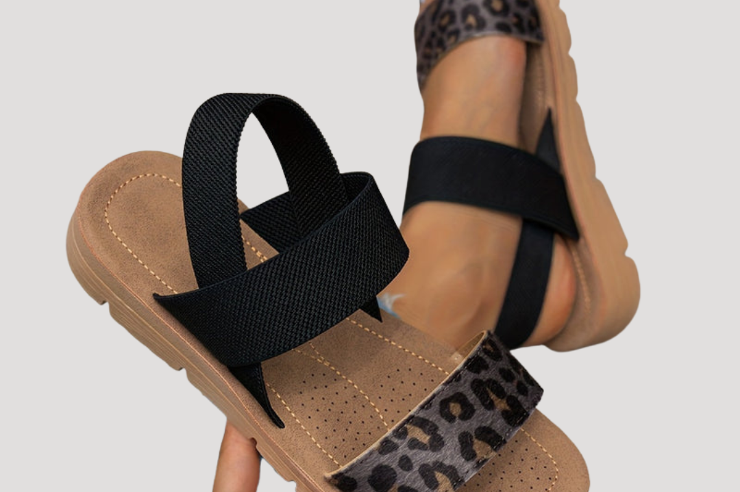 Women's Leopard Print Sandals | Comfortable Crossover Strap Flat Sandals