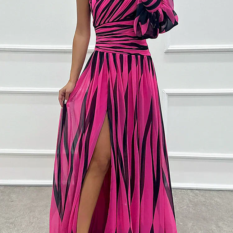 Women's Striped One-Shoulder Maxi Dress | Elegant Summer Vacation Gown