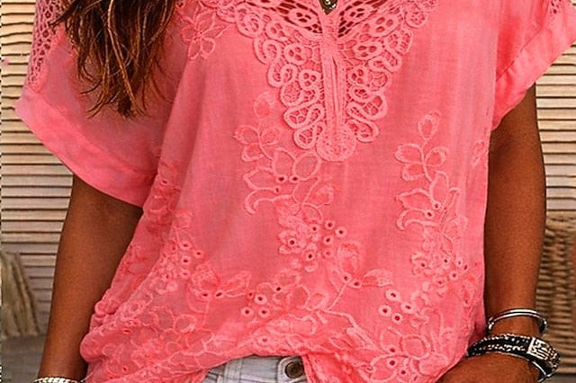 Women's Crochet-Trim V-Neck Blouse | Relaxed Short-Sleeve Summer Blouse