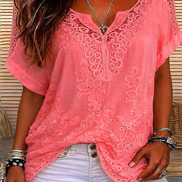 Women's Crochet-Trim V-Neck Blouse | Relaxed Short-Sleeve Summer Blouse