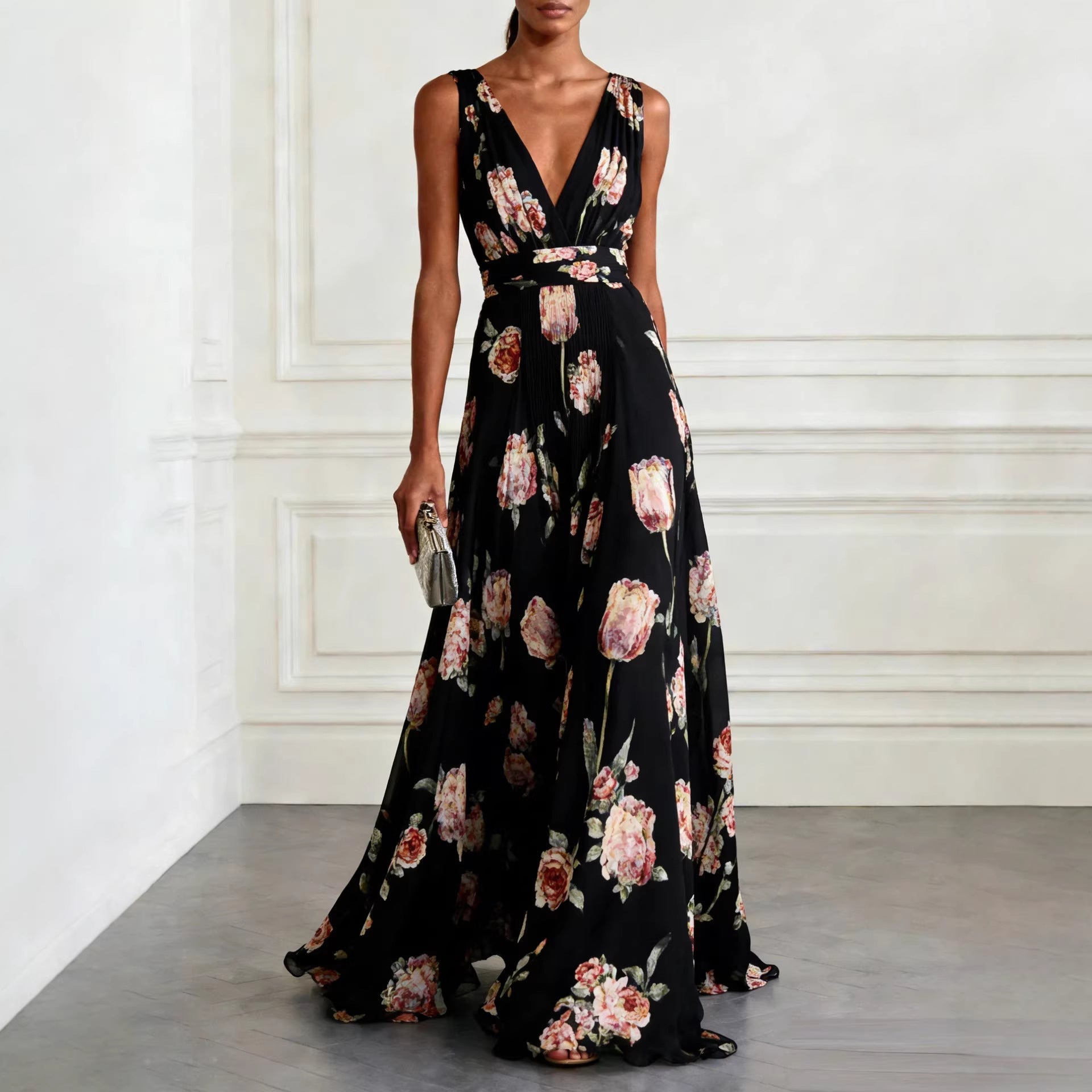 Tulip Print Wrap Maxi Dress - Black