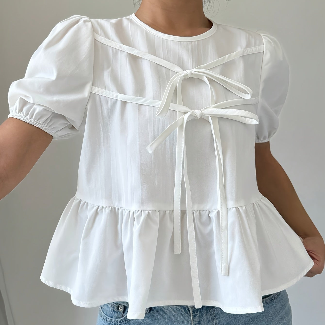 Puff Sleeve Peplum Bow Blouse - White