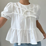 Puff Sleeve Peplum Bow Blouse - White