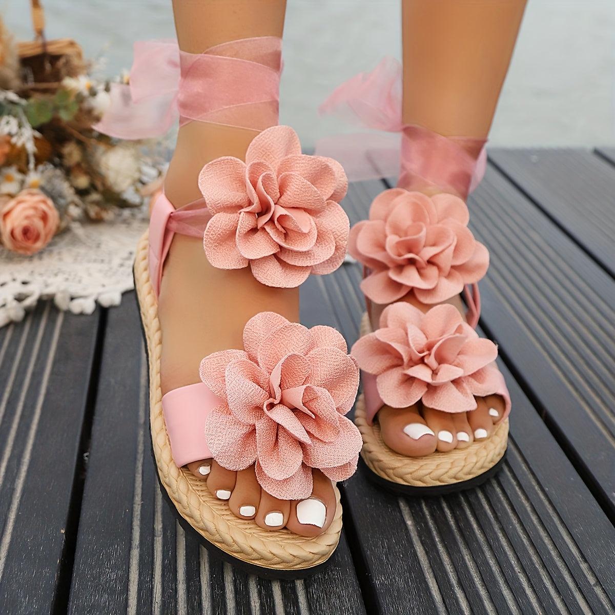 Floral Bow Ankle-Strap Sandals - Pink