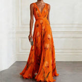 Tulip Print Wrap Maxi Dress - Orange