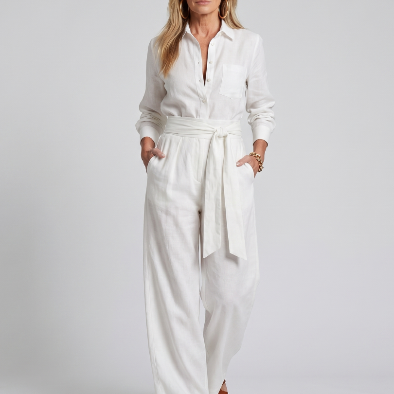 Women's Button-Front Wide-Leg Jumpsuit | Elegant Long-Sleeve Utility Jumpsuit