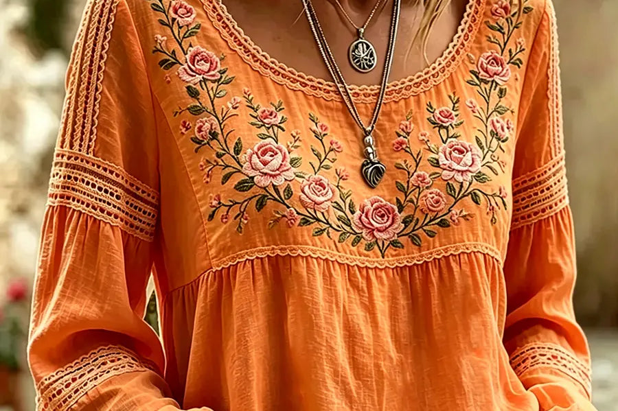 Women's Embroidered Linen Blouse | Breathable Long-Sleeve Top