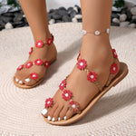 Floral Boho Flat Sandals - Red