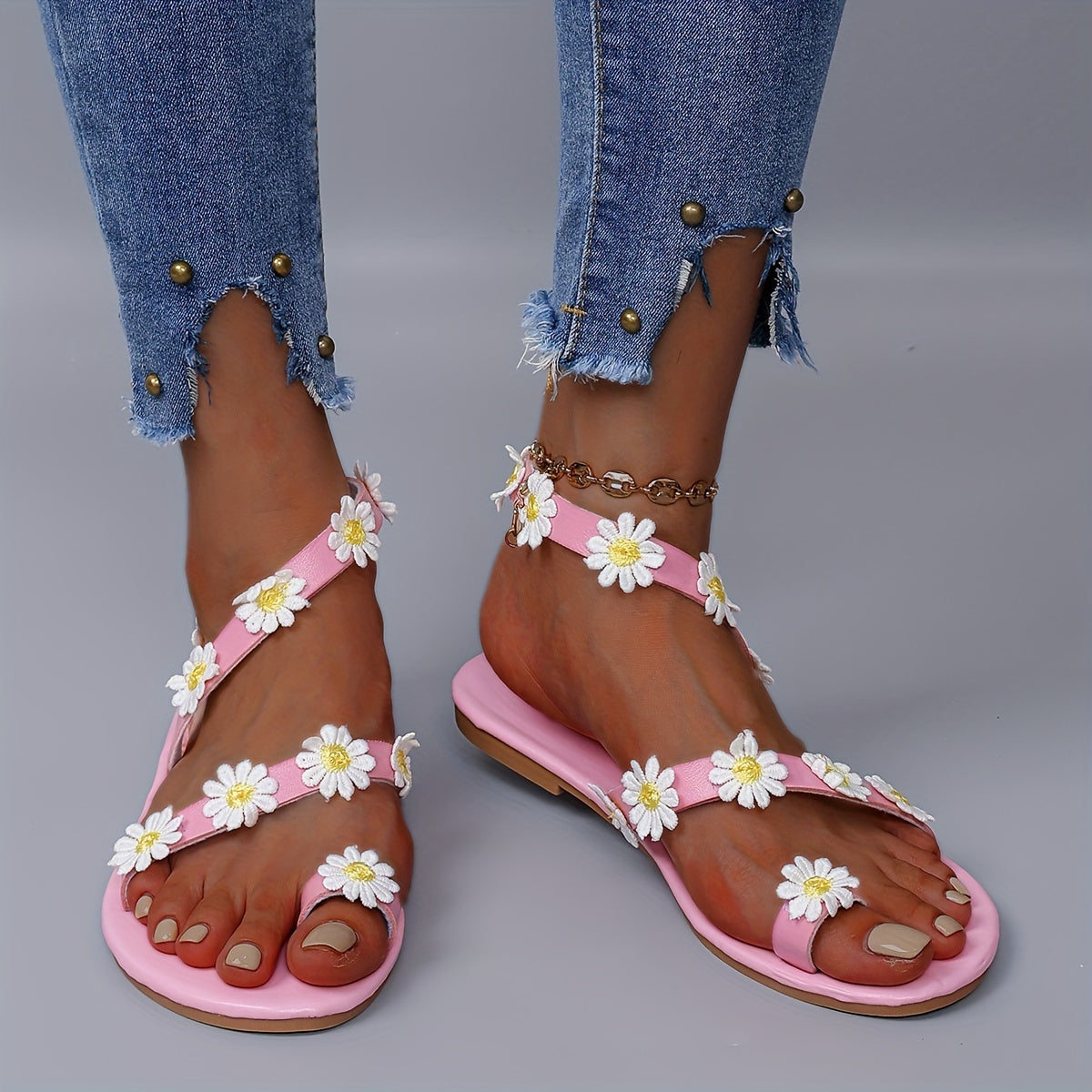 Floral Boho Flat Sandals - Pink