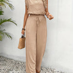 Wide-Leg Lace-Sleeve Jumpsuit - Beige