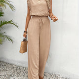 Wide-Leg Lace-Sleeve Jumpsuit - Beige