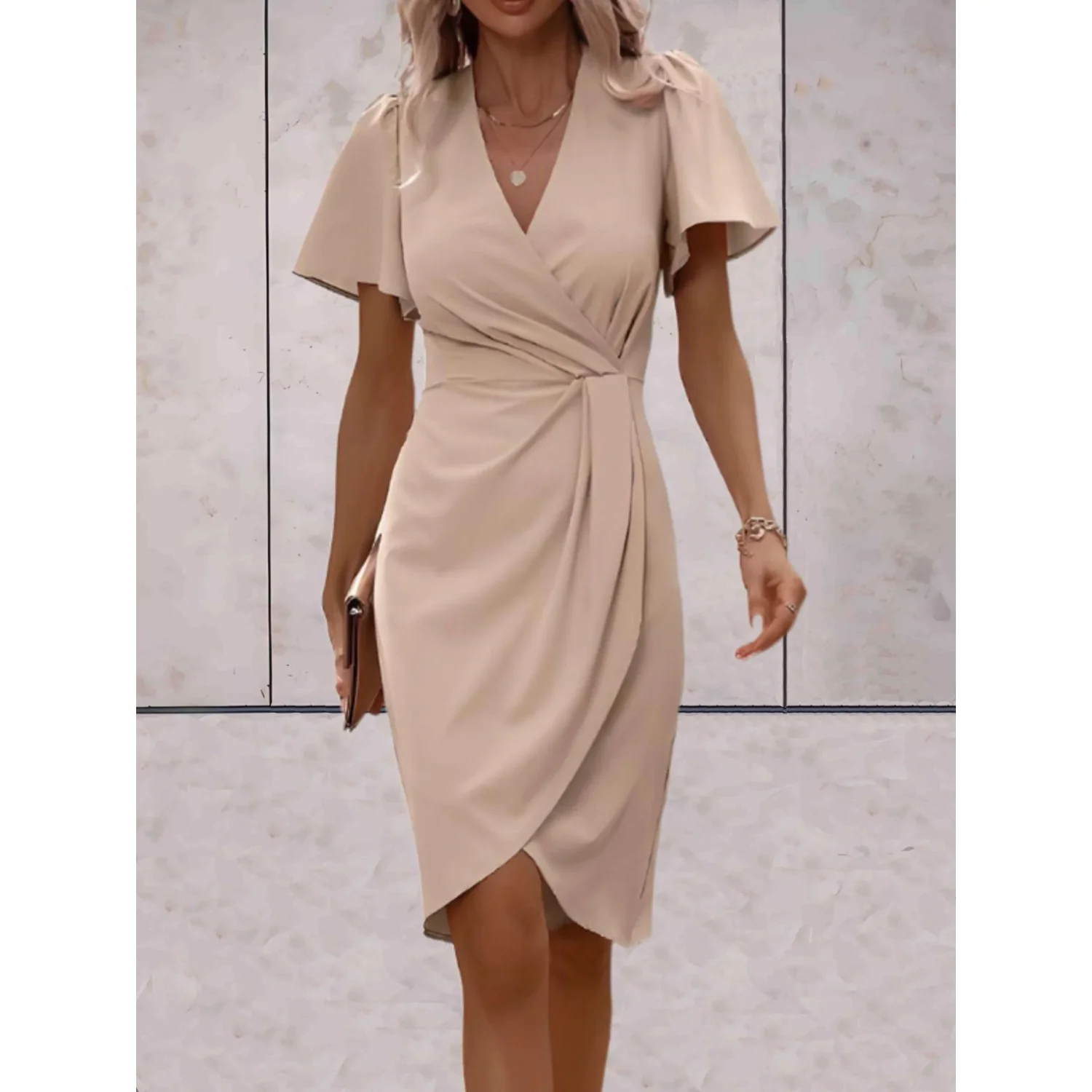 Wrap V-Neck Butterfly Sleeve Midi Dress - Beige