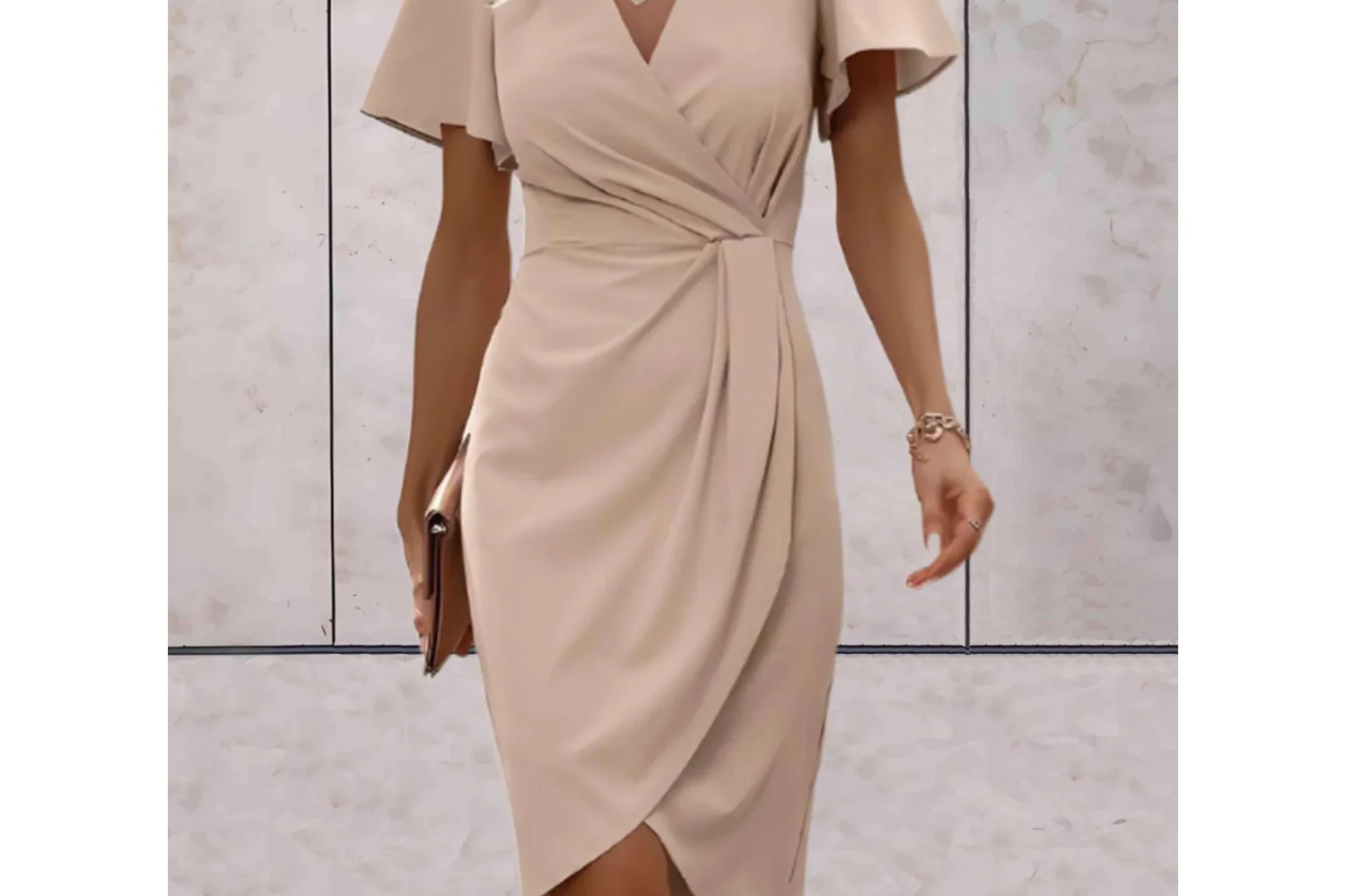 Wrap V-Neck Butterfly Sleeve Midi Dress - Beige