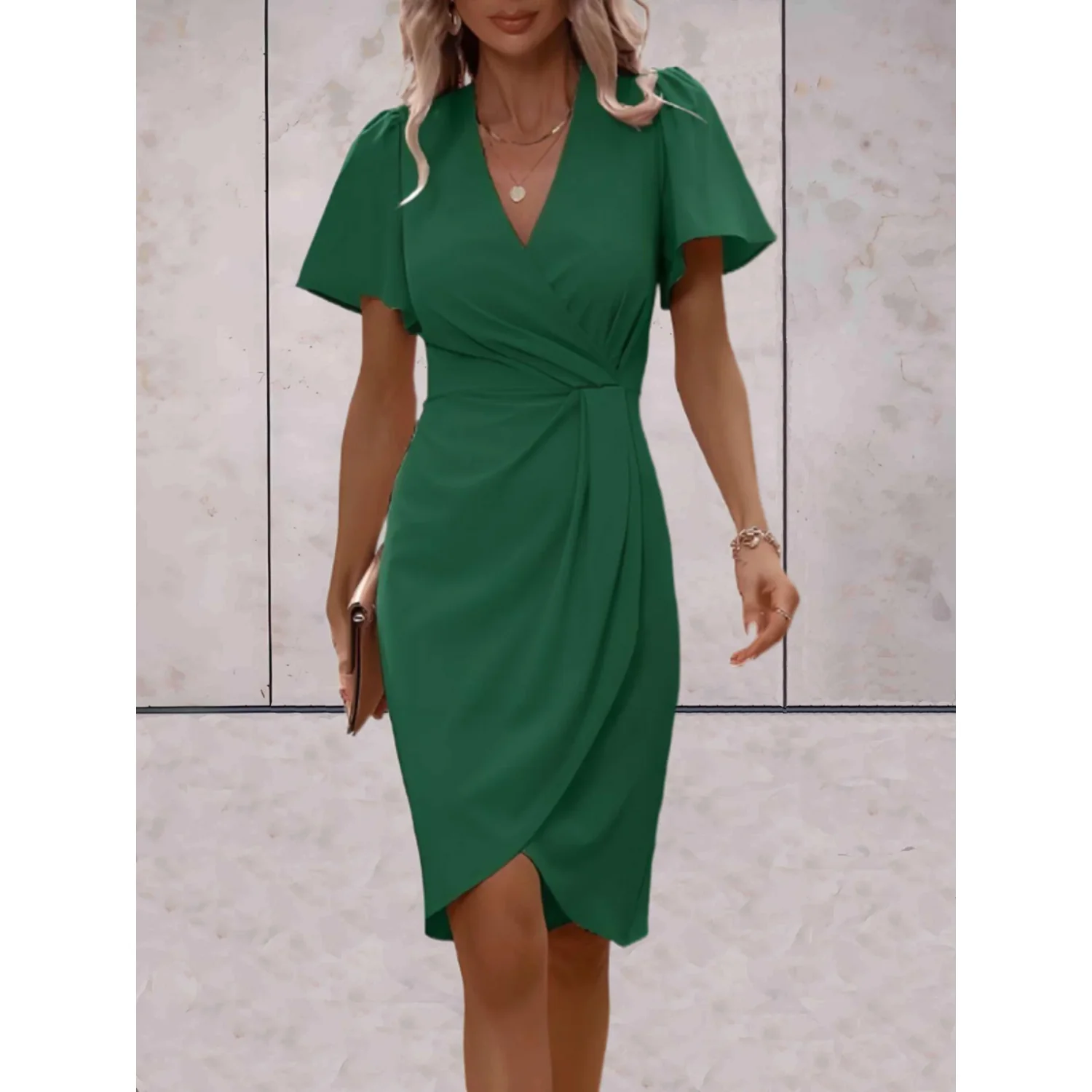 Wrap V-Neck Butterfly Sleeve Midi Dress - Green