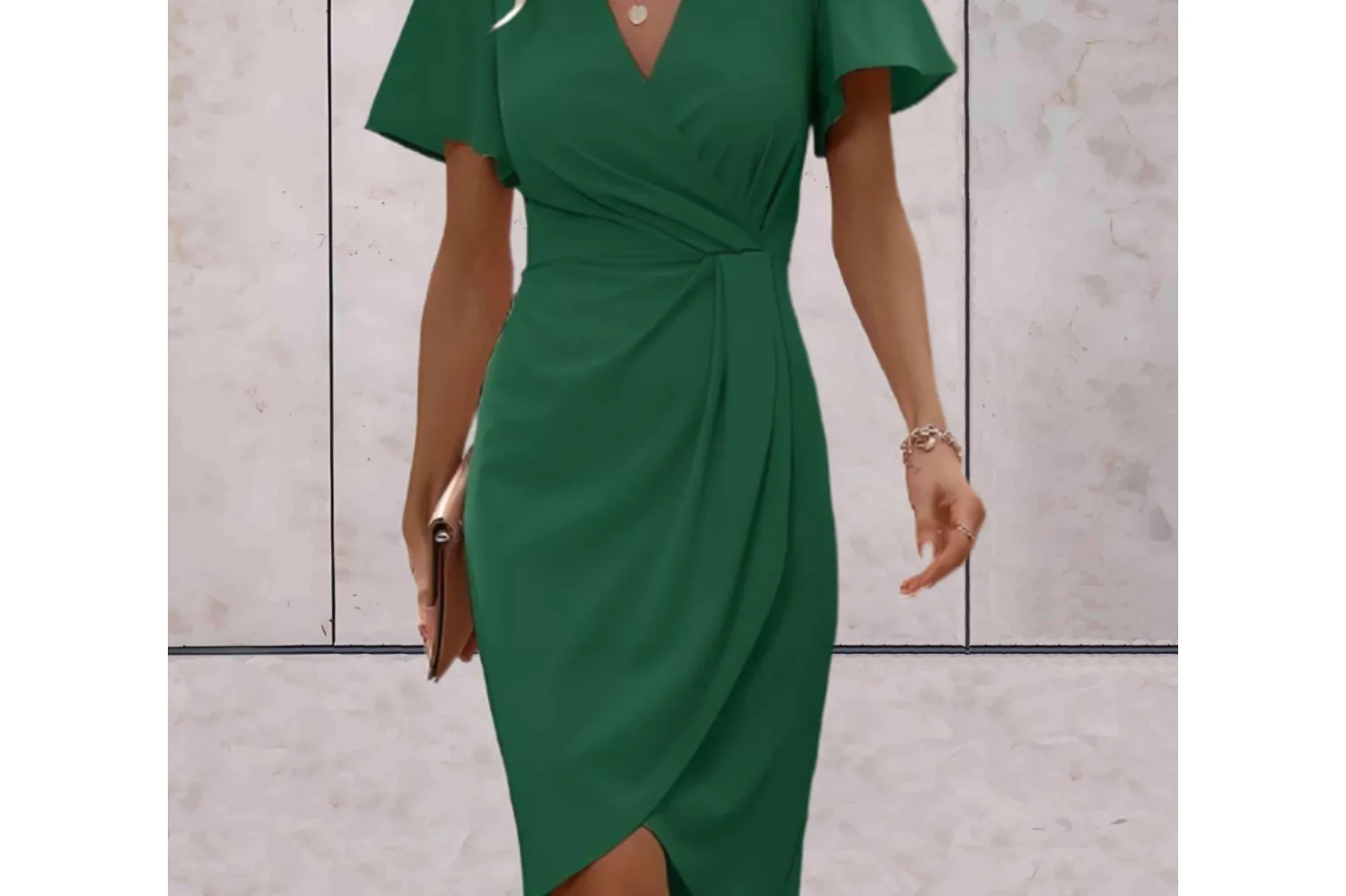 Wrap V-Neck Butterfly Sleeve Midi Dress - Green