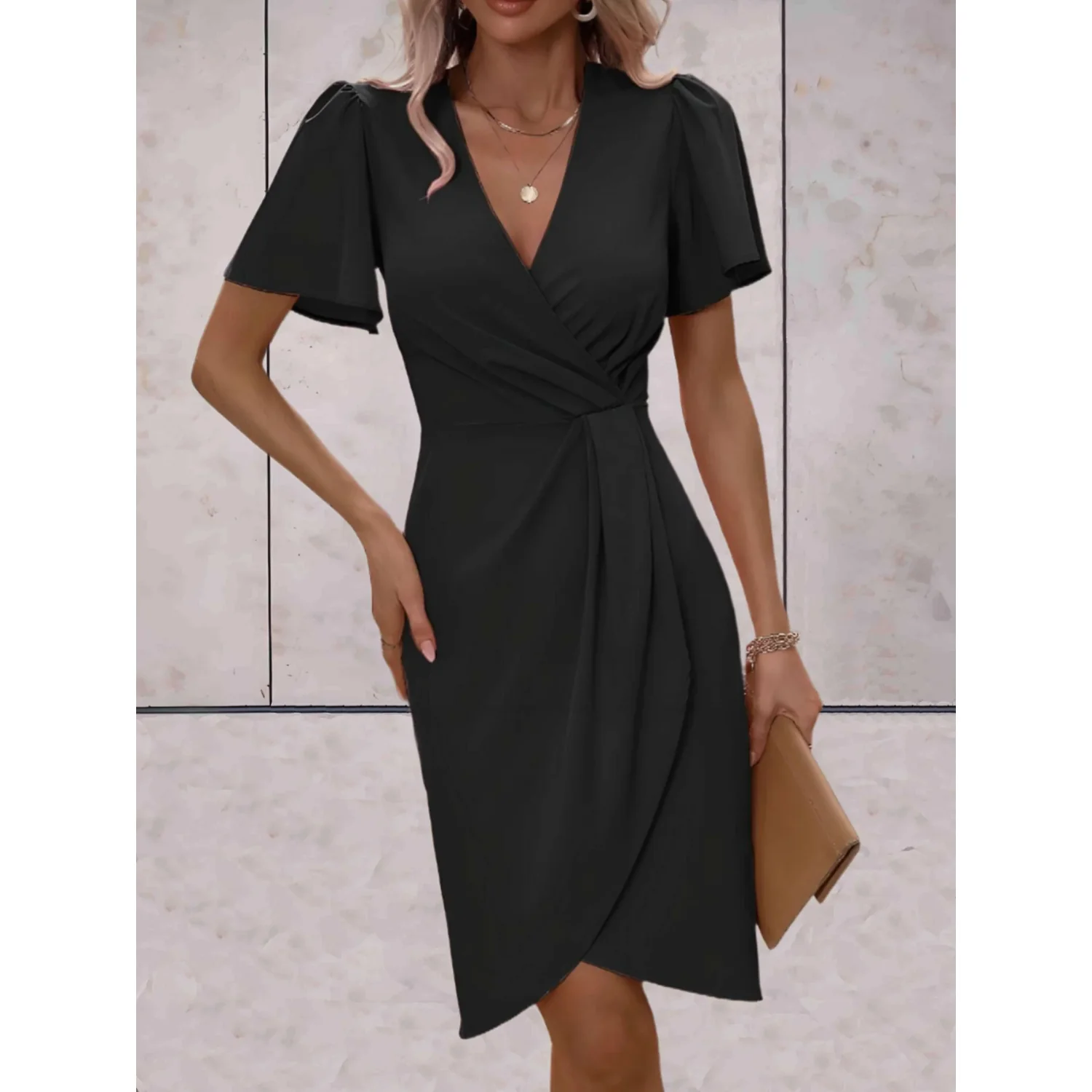 Wrap V-Neck Butterfly Sleeve Midi Dress - Black
