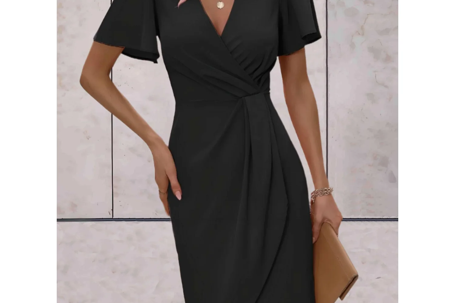 Wrap V-Neck Butterfly Sleeve Midi Dress - Black