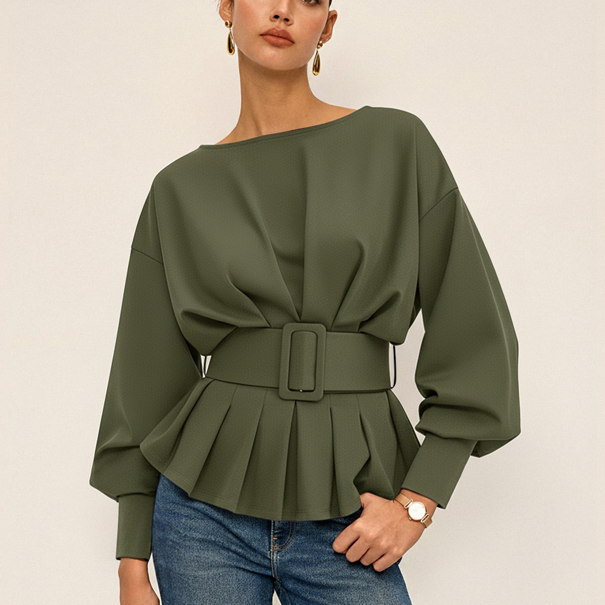 Women's Belted Sweatshirt | Cozy Crew Neck Long-Sleeve Top