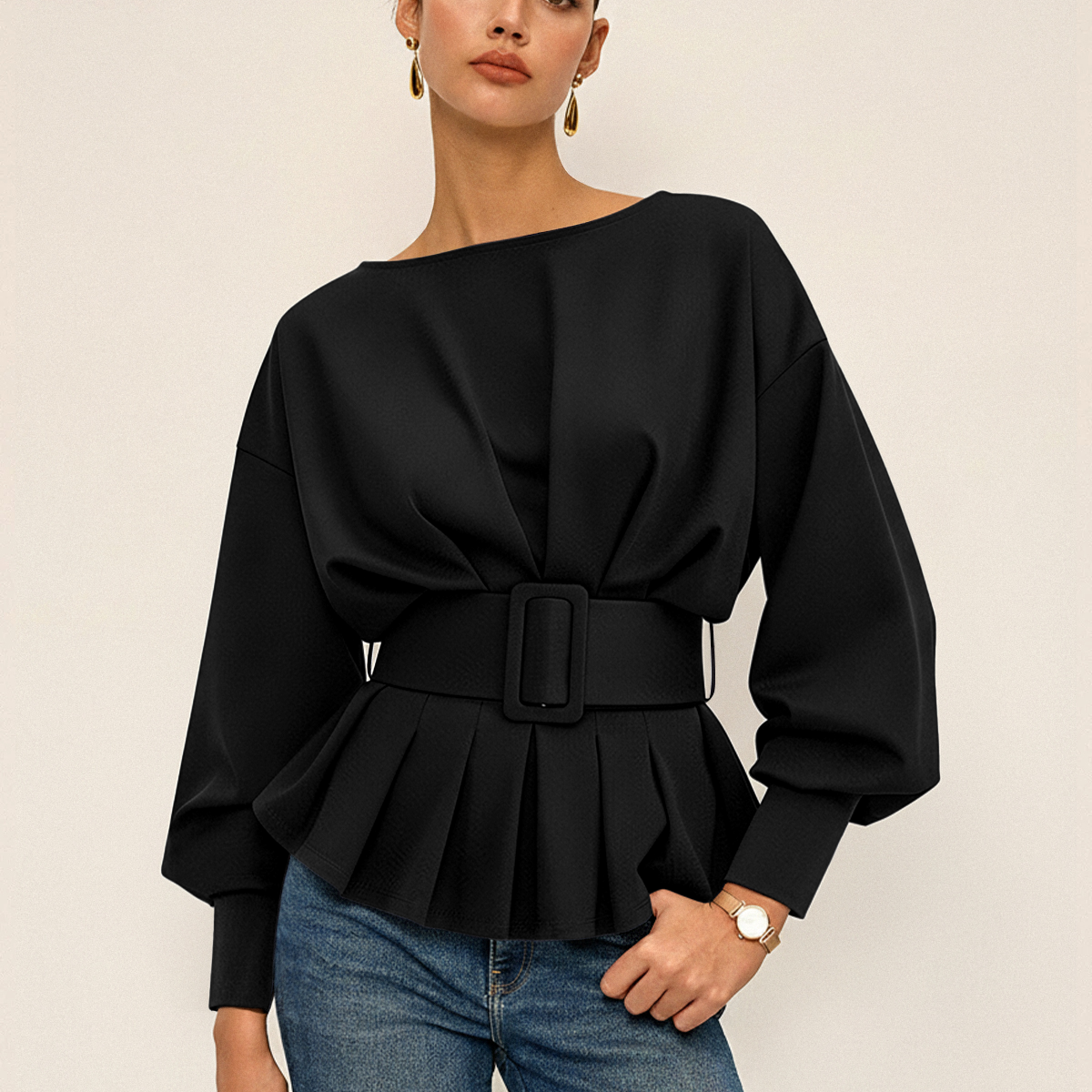 Women's Belted Sweatshirt | Cozy Crew Neck Long-Sleeve Top