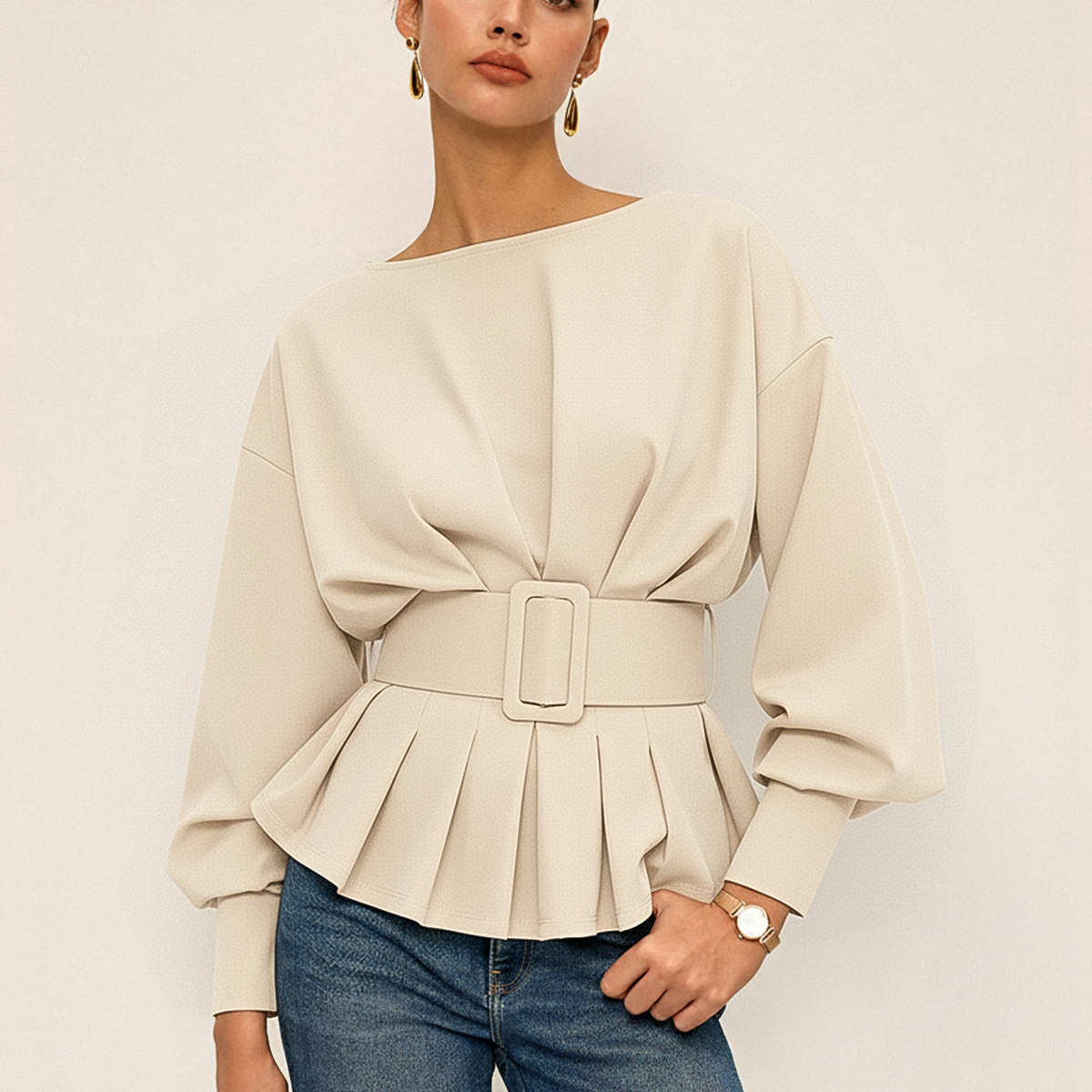 Women's Belted Sweatshirt | Cozy Crew Neck Long-Sleeve Top