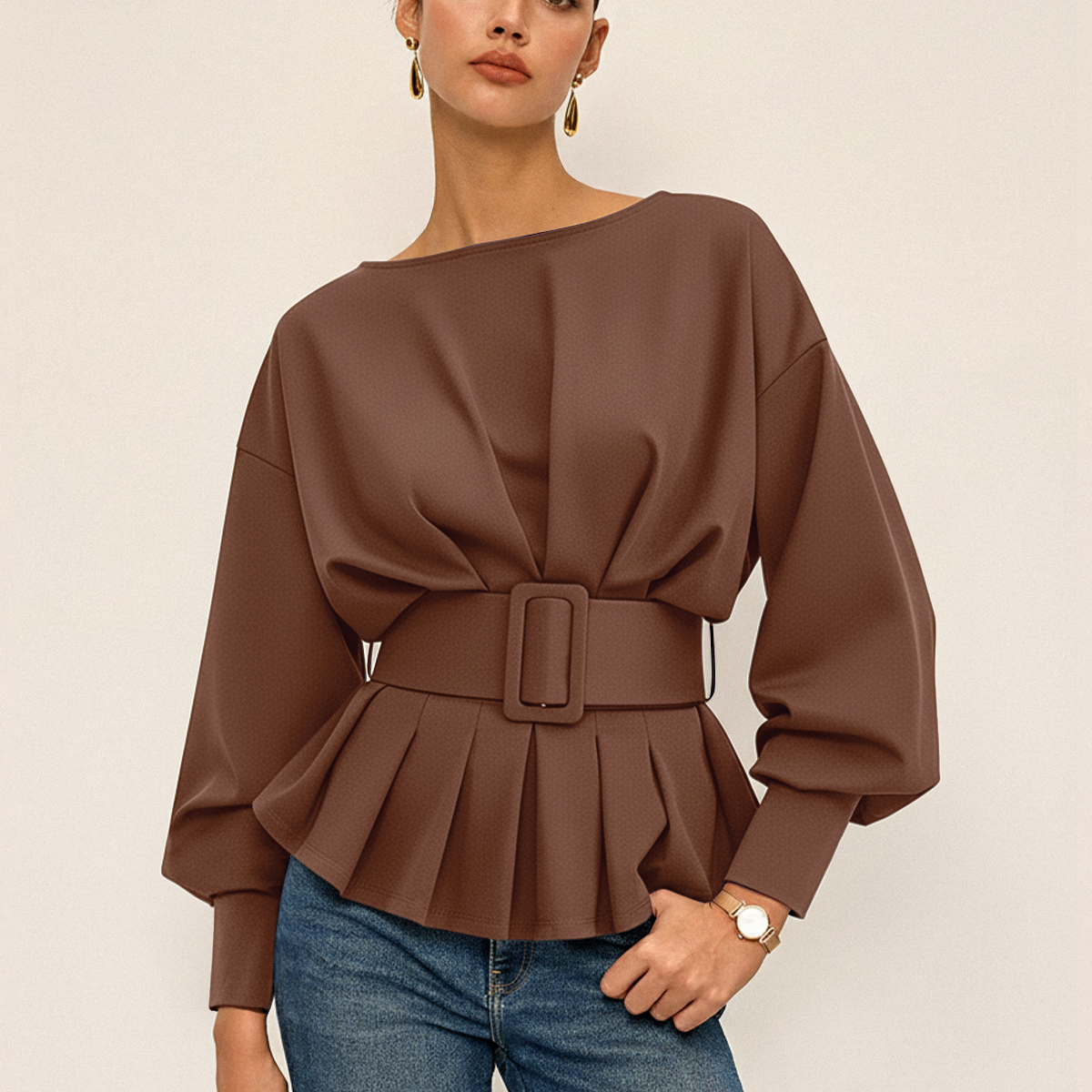 Women's Belted Sweatshirt | Cozy Crew Neck Long-Sleeve Top
