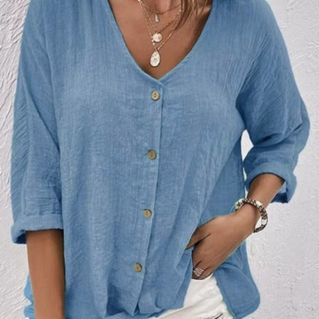 Women's V-Neck Button-Front Top with 3/4 Sleeves and Relaxed Fit
