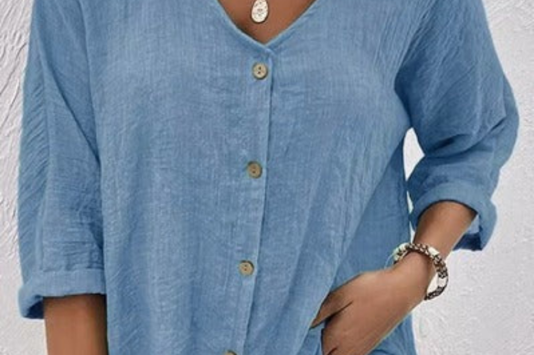 Women's V-Neck Button-Front Top with 3/4 Sleeves and Relaxed Fit