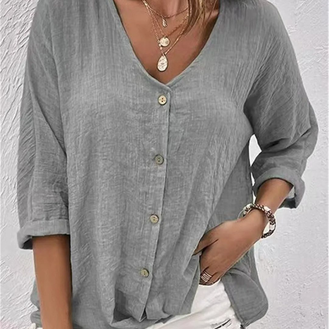 Women's V-Neck Button-Front Top with 3/4 Sleeves and Relaxed Fit